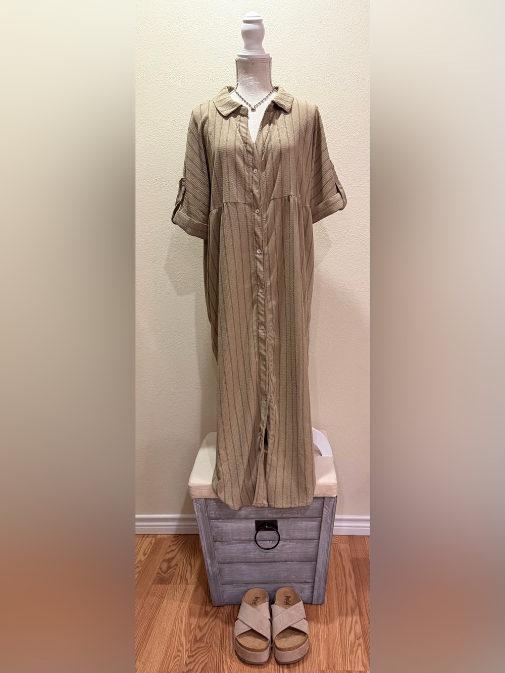 NWT Very J She’s Got Class Taupe Striped Button-Front Maxi Shirt Dress